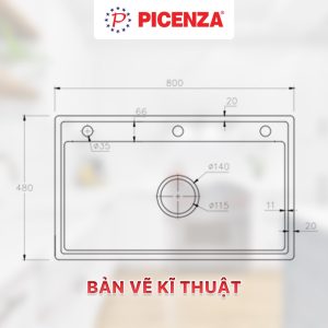 Bồn rửa chén 1 ngăn lớn 80cm HMS 8048 inox SUS 304 Picenza