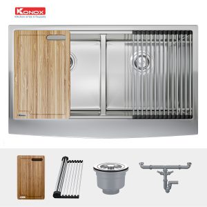 Chậu rửa bát Workstation Sink – Apron Sink KN8751DA CurveSiphon, thớt gỗ, roll mat