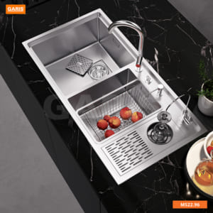 Chậu rửa bát 2 hố lệch có máy rửa cốc, chén MS22.96