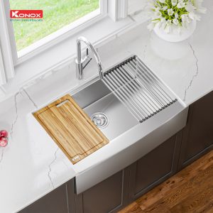 Chậu rửa bát Workstation Sink – Apron Sink KN8051AS CurveSiphon, thớt gỗ, roll mat, colander, bottom grid