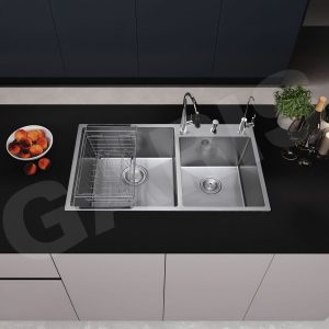 Bồn rửa chén inox 2 hố lệch thoát tròn GST2182