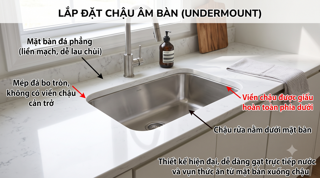 Chậu rửa bát lắp âm dưới mặt bàn đá