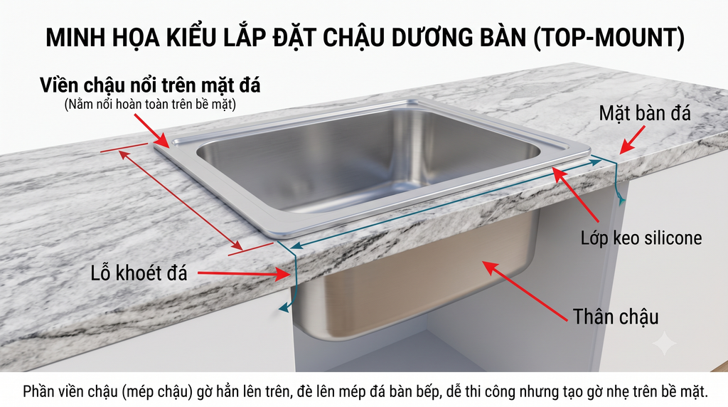 Kiểu lắp đặt chậu rửa bát dương bề mặt