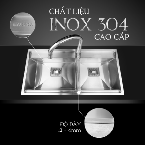 Chậu rửa chén 2 hố Inox 304 kích thước 86 cm