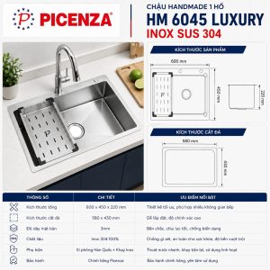 Chậu rửa bát 1 hố Handmade HM 6045 Luxury SUS 304 - Picenza