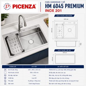 Chậu rửa bát, bồn rửa chén 1 hố dòng HM 6045 Premium Picenza