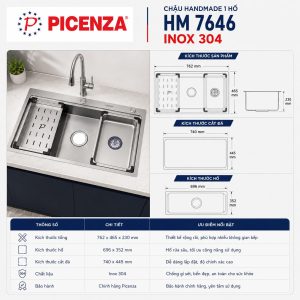 Chậu rửa bát Handmade 1 hố HM 7646 Picenza