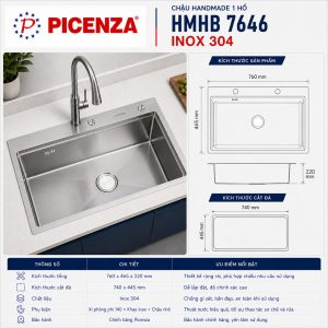 Chậu Handmade 1 hố HMHB 7646 SUS 304