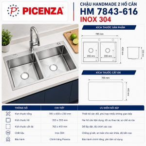 Chậu Handmade 2 hố cân HM 7843-616 inox 304
