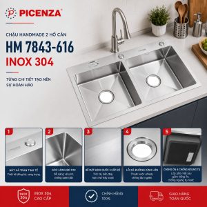Chậu Handmade 2 hố cân HM 7843-616 inox 304
