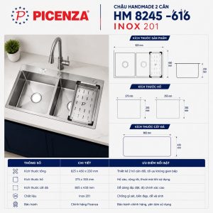 Chậu rửa bát Handmade 2 hố cân HM 8245 - 616 Picenza
