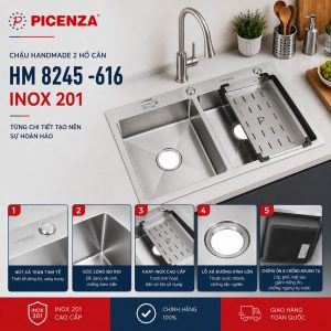 Chậu rửa bát Handmade 2 hố cân HM 8245 - 616 Picenza