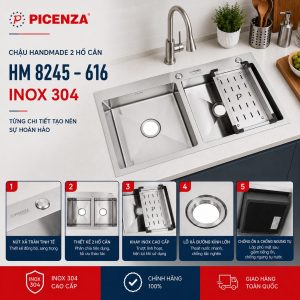 Chậu Handmade 2 hố cân HM 8245 - 616 inox 304