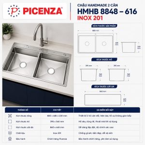 Chậu rửa bát Handmade 2 hố cân HMHB 8848 - 616 Picenza