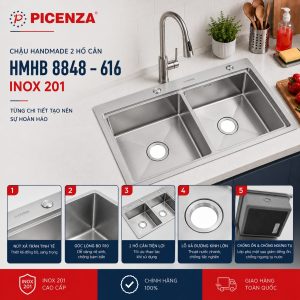 Chậu rửa bát Handmade 2 hố cân HMHB 8848 - 616 Picenza