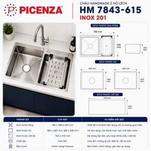 Chậu Handmade 2 hố lệch HM 7843-615