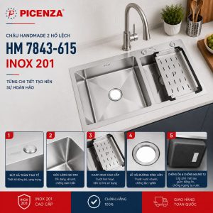 Chậu Handmade 2 hố lệch HM 7843-615