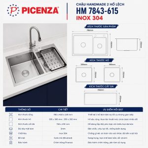 Chậu Handmade 2 hố lệch HM 7843-615 inox 304