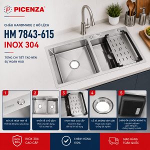 Chậu Handmade 2 hố lệch HM 7843-615 inox 304