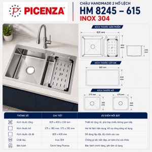 Chậu rửa bát 2 hố lệch HM 8245 - 615 inox 304 - Picenza