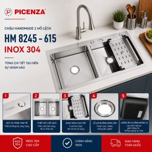 Chậu rửa bát 2 hố lệch HM 8245 - 615 inox 304 - Picenza