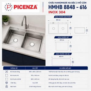 Chậu rửa bát hạ bậc 2 hố cân HMHB 8848 - 616 inox 304 Picenza