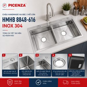 Chậu rửa bát hạ bậc 2 hố cân HMHB 8848 - 616 inox 304 Picenza