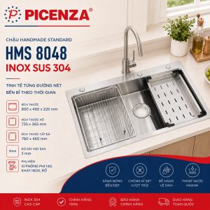 Bồn rửa chén 1 ngăn lớn 80cm HMS 8048 inox SUS 304 Picenza