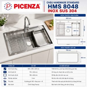 Bồn rửa chén 1 ngăn lớn 80cm HMS 8048 inox SUS 304 Picenza