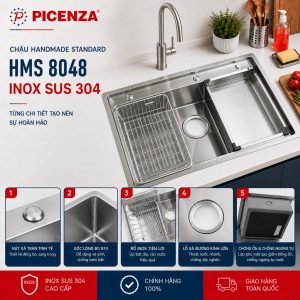 Bồn rửa chén 1 ngăn lớn 80cm HMS 8048 inox SUS 304 Picenza
