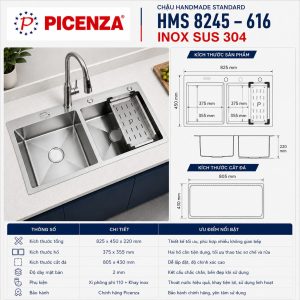 Chậu rửa bát 2 hố inox SUS 304 HMS 8245 – 616 Picenza