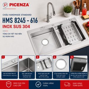 Chậu rửa bát 2 hố inox SUS 304 HMS 8245 – 616 Picenza