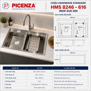 Chậu Handmade Standard inox SUS 304 HMS 8246 – 616