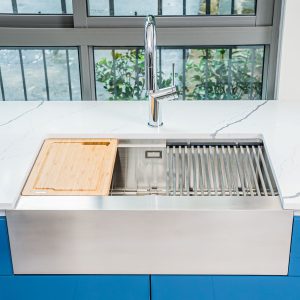 Chậu rửa bát Workstation Sink – Apron Sink KN8051AS RettaSiphon, thớt gỗ, roll mat, colander, bottom grid
