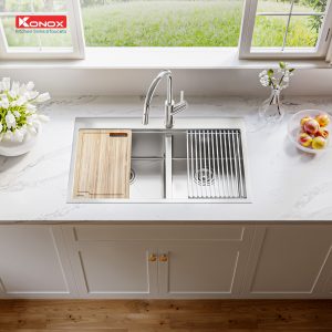 Chậu rửa bát Workstation Sink – Topmount Sink KN8250TDSiphon, thớt gỗ, roll mat