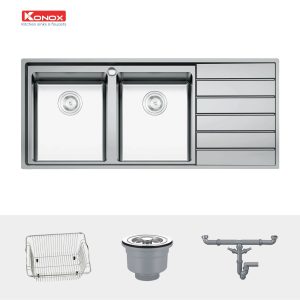 Chậu rửa bát European sink Premium KS11650 2B – Bàn phảiSiphon, giá úp bát inox