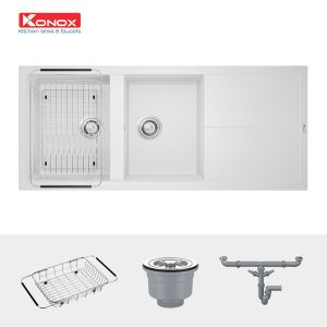 Chậu rửa bát Granite Sink Livello Smart 1160 – White SilverSiphon, giá úp bát inox