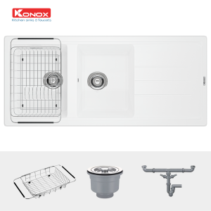 Chậu rửa bát Granite Sink Phoenix 1160 – White SilverSiphon, giá úp bát inox