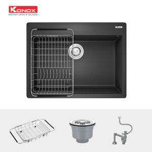 Chậu rửa bát Granite Sink Ruvita 680 – BlackSiphon, giá úp bát inox