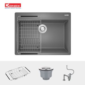 Chậu rửa bát Granite Sink Ruvita 680 – GreySiphon, giá úp bát inox