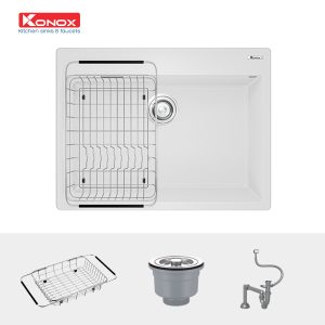 Chậu rửa bát Granite Sink Ruvita 680 – White SilverSiphon, giá úp bát inox