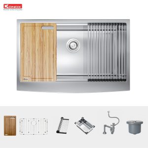 Chậu rửa bát Workstation Sink – Apron Sink KN8051AS CurveSiphon, thớt gỗ, roll mat, colander, bottom grid