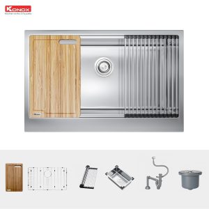 Chậu rửa bát Workstation Sink – Apron Sink KN8051AS RettaSiphon, thớt gỗ, roll mat, colander, bottom grid