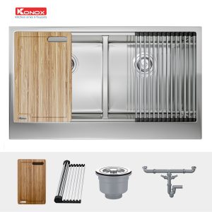 Chậu rửa bát Workstation Sink – Apron Sink KN8751DA RettaSiphon, thớt gỗ, roll mat