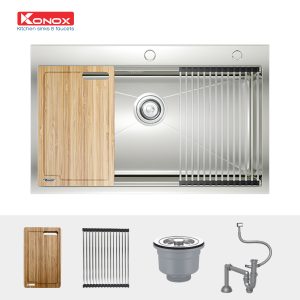 Chậu rửa bát Workstation Sink – Topmount Sink KN8050TSSiphon, thớt gỗ, roll mat