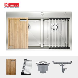 Chậu rửa bát Workstation Sink – Topmount Sink KN8250TDSiphon, thớt gỗ, roll mat