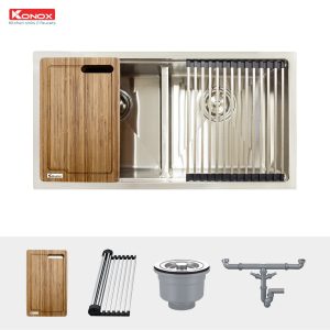 Chậu rửa bát Workstation Sink – Undermount Sink KN8745DUBSiphon, thớt gỗ, roll mat