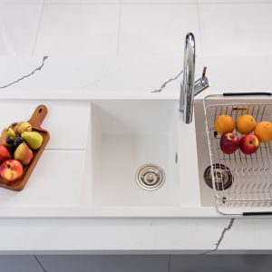 Chậu rửa bát Granite Sink Livello Smart 1160 – White SilverSiphon, giá úp bát inox