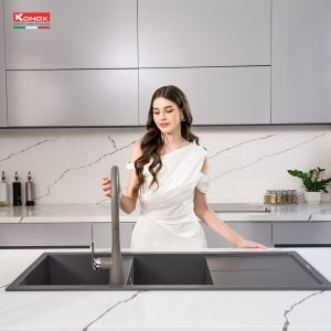 Chậu rửa bát Granite Sink Livello Smart 1160 – GreySiphon, giá úp bát inox