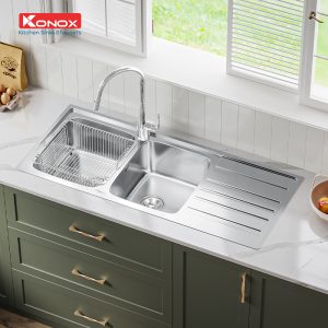 Chậu rửa bát European sink Premium KS11650 2B – Bàn phảiSiphon, giá úp bát inox